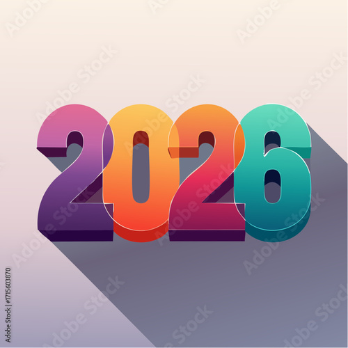 2026 Year Number Text with Long Shadow Effect, Colorful Gradient Numbers Illustrating the Future Year