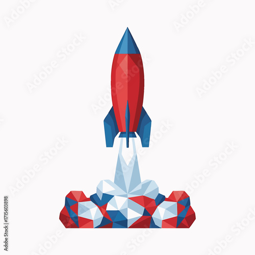 Stylized low poly rocket ship launching into space on a white background. Modern vector illustration for a startup or technology concept