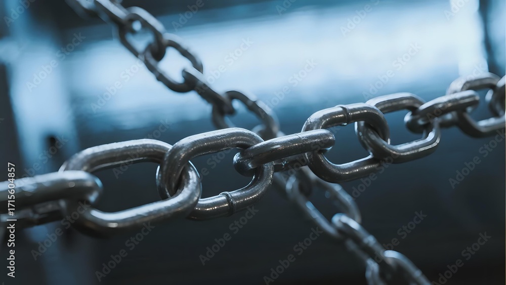 Fototapeta premium Close-up of interlocking metal chain links with a blurred background