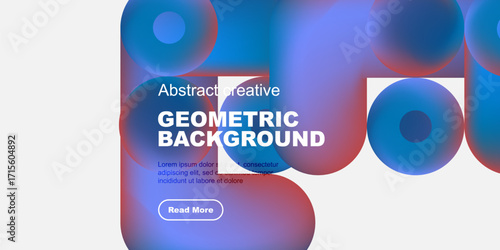 Abstract geometric background features vibrant blue, purple hues. Text reads Geometric Background, includes sample text, button. Modern design.