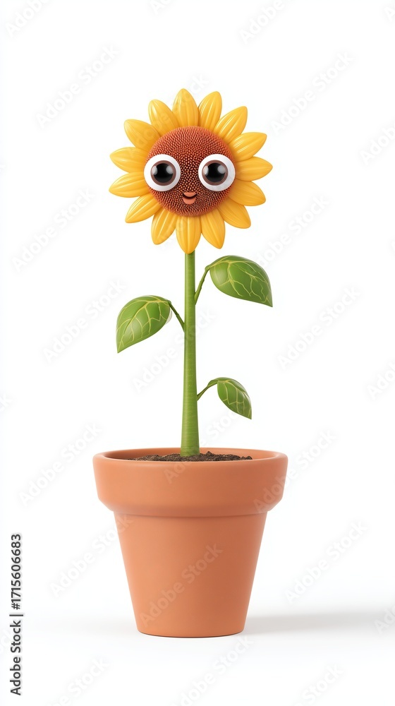 Obraz premium Halloween Cartoon Face Sunflower Pot Illustration, Whimsical Plant Container with Expressive Design for Holiday Decor and Gardening Themes 