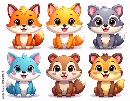 Adorable Cartoon Animals Foxes, Raccoon, and Squirrels