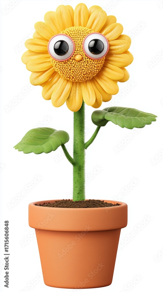 Obraz premium Halloween Cartoon Face Sunflower Pot Illustration, Whimsical Plant Container with Expressive Design for Holiday Decor and Gardening Themes 