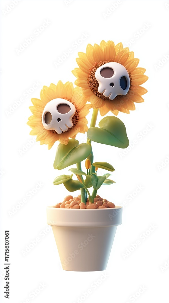 Obraz premium Halloween Cartoon Face Sunflower Pot Illustration, Whimsical Plant Container with Expressive Design for Holiday Decor and Gardening Themes 