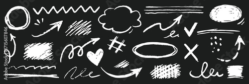 Doodle line chalk brush element set on blackboard. Chalkboard texture brush stroke square, spiral, arrow element scribble line hand drawn sketch design. Crayon pencil style. Vector illustration.

