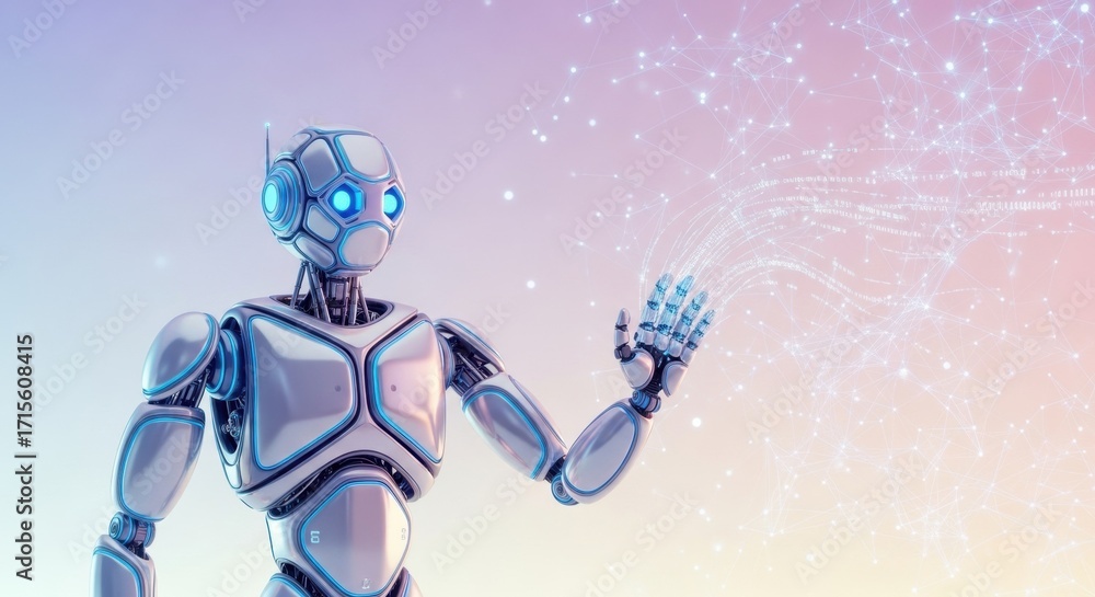 Fototapeta premium Futuristic humanoid robot interacting with AI network