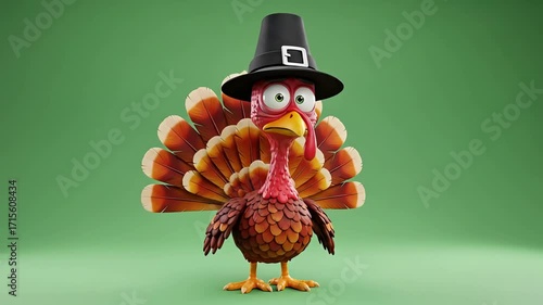 A cartoon turkey wearing a black pilgrim hat stands proudly with its feathers fanned out
