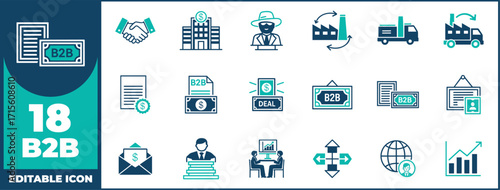 B2B silhouette icon set. Vector pictograms of partnerships, collaboration, trade deals, corporate networking, and enterprise strategy solid glyph illustration.