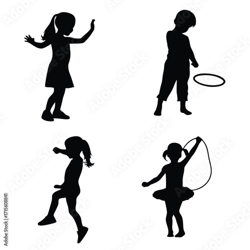 Silhouettes of children playing with a hoop and jump rope outdoors