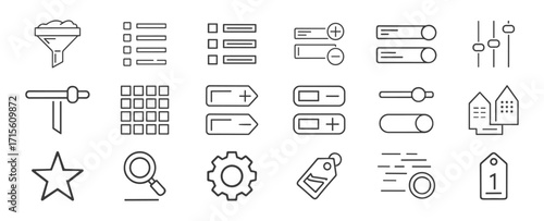 Sorting and Filtering line icon set. Vector pictograms of search filters, sorting arrows, data organization, and categories thin linear illustration.