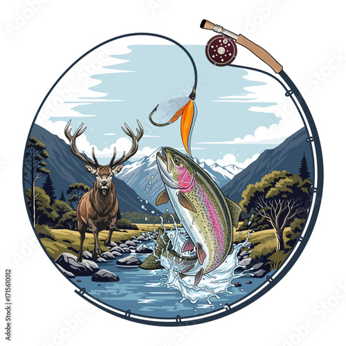 Wildlife art with a deer and a rainbow trout.