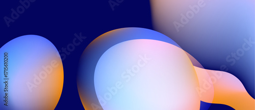Abstract shapes blend, creating soft gradients. Blue, orange hues dominate composition. Minimalist design evokes calm feeling.