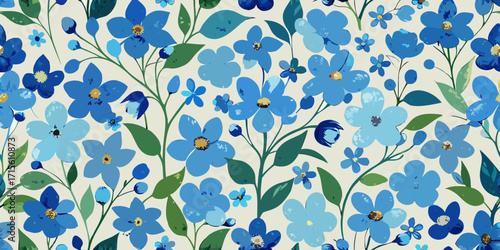 Seamless vintage floral pattern with blue flowers and green leaves, a beautiful textile design
