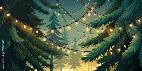 A vibrant fir tree stands decorated for the festive holiday season against a snowy forest landscape