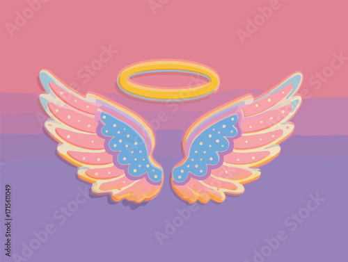 パステルカラーの羽根と後光：ベクターイラスト