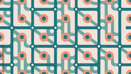 Retro 70s Geometric Pattern of a Stylized Circuit Board or Subway Map