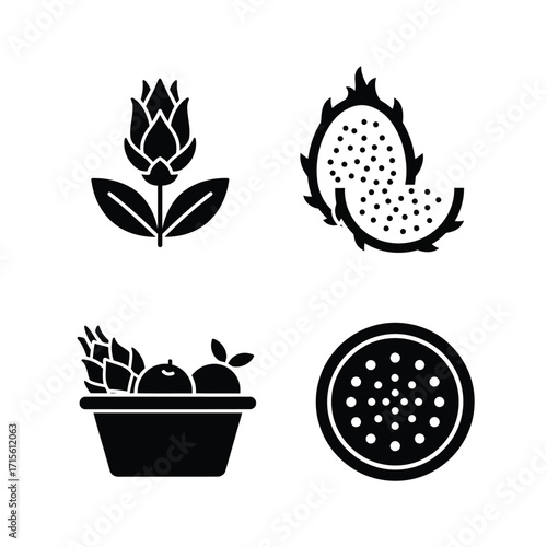 Tropical and exotic produce glyph icons collection. This set features dragon fruit, artichoke flower, and fruit basket symbols for design