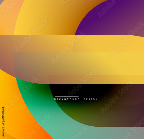 Abstract colorful shapes overlap creating dynamic visual effect. Gradient hues blend smoothly, offering modern aesthetic.