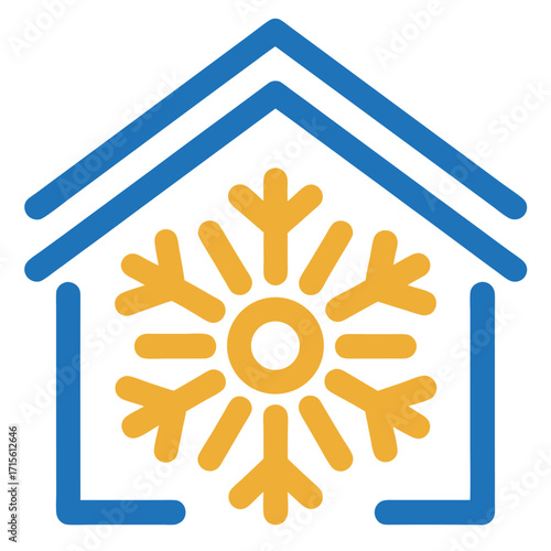 Simple house icon with snowflake inside representing winter and home comfort