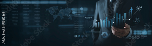 Business, finance and investment background. Finance analyst analyzing digital marketing financial report, sale growth with stock market graph, business planning and market research