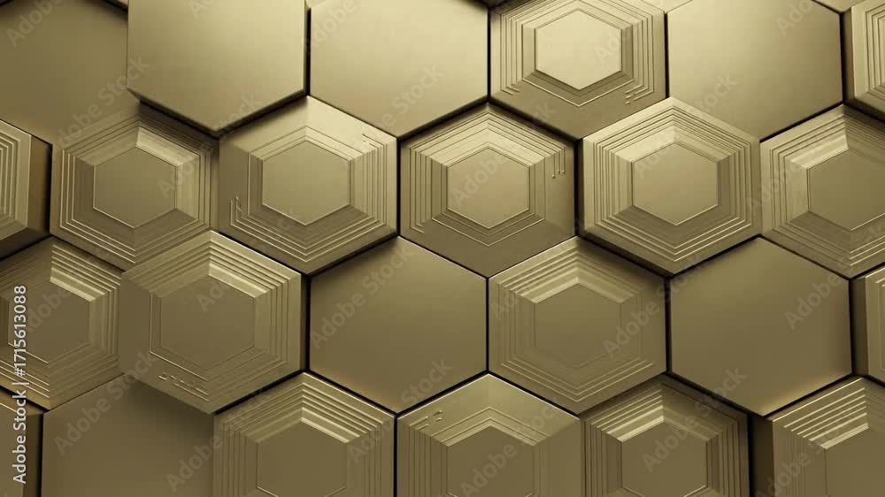 An elegant, futuristic background of animated golden hexagons. The metallic, honeycomb-like surface moves in a seamless loop as intricate geometric tiles retract and extend, creating a sophisticated a