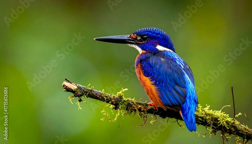 Vibrant blue kingfisher perches on a mossy branch against a blurred green backdrop, showcasing striking plumage and natural beauty.