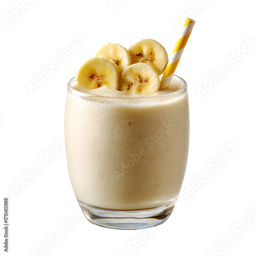 Banana smoothie with sliced bananas in a glass isolated on transparent background