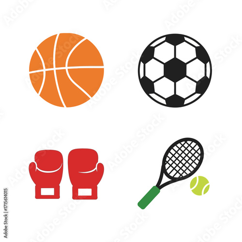 Iconic Sports Equipment Basketball, Soccer Ball, Boxing Gloves, and Tennis Racket