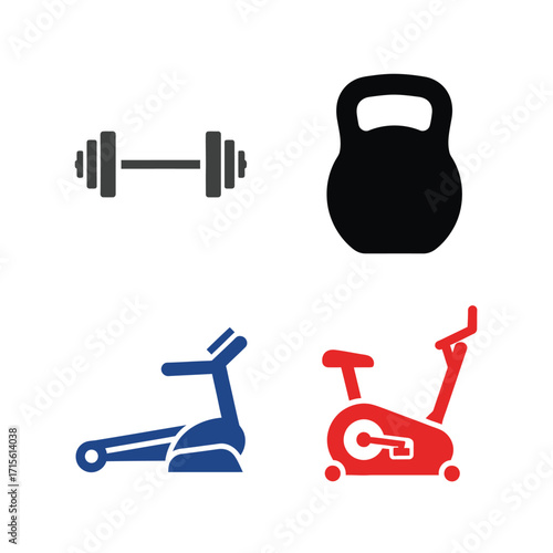 Essential fitness equipment icons for health and exercise, featuring weights, cardio machines, and workout gear for active lifestyles