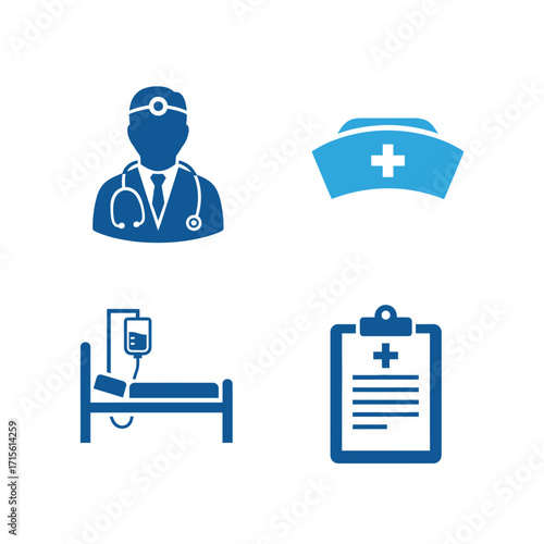 Comprehensive Set of Medical and Healthcare Icons Representing Hospital Staff, Patient Care, and Essential Diagnostic Services for Digital Design