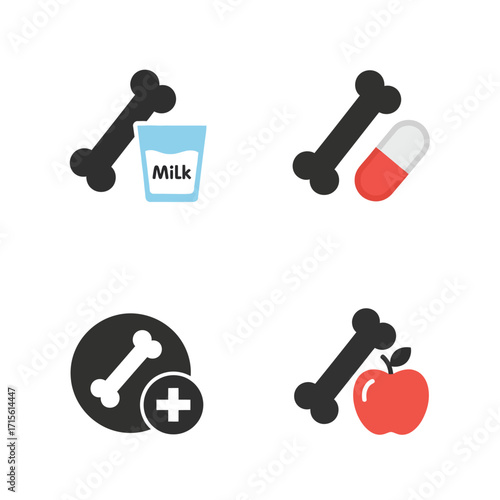 Bone Health Essentials Icons Representing Milk, Supplements, Diet, and Strong Bones