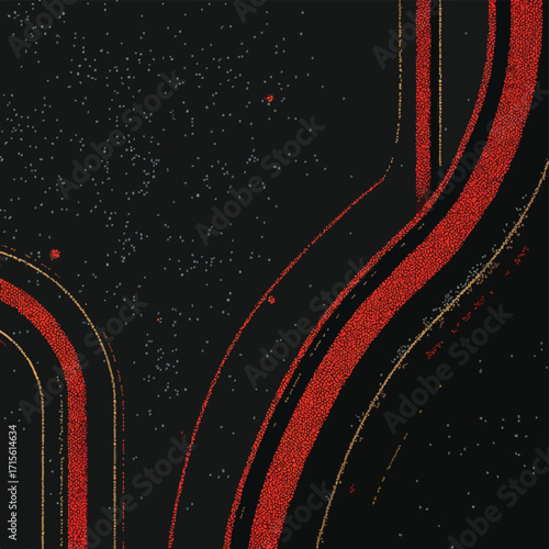 ダークテクスチャ背景、赤い流線と金色アクセント、ベクタースタイル