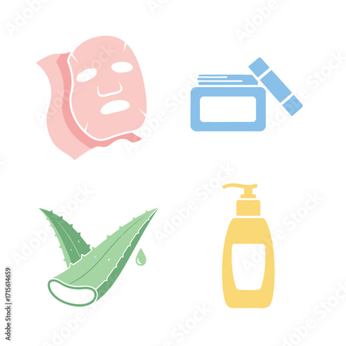 A collection of colorful flat vector icons representing a skincare routine with a sheet mask, cream, aloe vera, and lotion