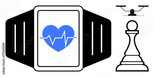 Smartwatch with heart symbol and pulse line, chess pawn as strategy icon, and scales illustrating quadcopter balance. Ideal for health, technology, strategy, fitness, gaming, monitoring decision