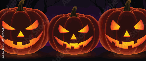 Glowing Halloween pumpkins with carved faces and spooky smiles in a dark, eerie night setting, perfect for seasonal designs