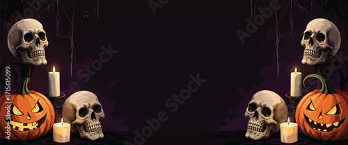 Spooky Halloween scene with glowing jack o lanterns, skulls, and candles, perfect for seasonal promotions