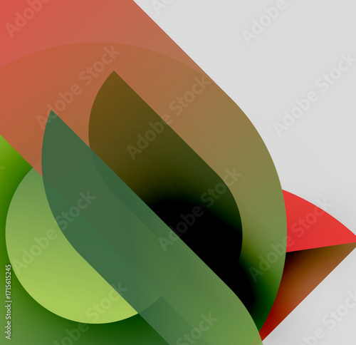 Abstract composition featuring overlapping translucent shapes. Colors range from red, green, brown, black, creating dynamic visual effect.