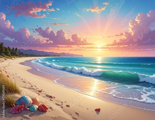 Sunset beach scene, vibrant colors, serene