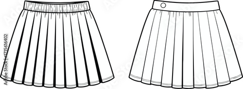 Technical fashion vector illustration of two pleated skirts with gathered or smooth waistband, button detail, garment construction and stitching design elements