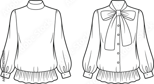 Technical fashion vector illustration of two women’s blouses with long puff sleeves, gathered hem, bow neckline, garment construction and stitching details