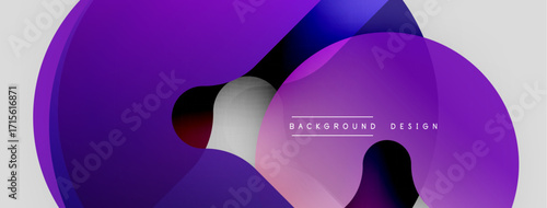 Abstract purple layers create dynamic flow. Modern design features gradients, shapes, text elements. Minimalist aesthetic, vibrant colors.