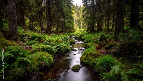 A tranquil woodland stream meanders through a lush forest floor, adorned with vibrant greenery and mossy rocks.