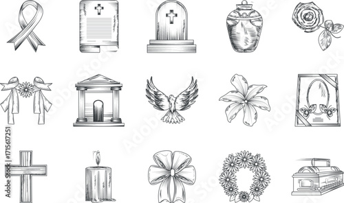 Funeral and tombstone vector set with gravestones, RIP symbols, urns and memorial elements for Halloween and gothic designs
