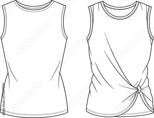 Technical fashion vector illustration of sleeveless tops with round neckline, plain fitted design, knotted hem detail, garment construction and stitching