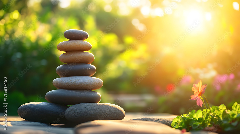 Obraz premium Harmonious stack of river stones centered in frame, background a blurred green garden scene with warm golden hour light,