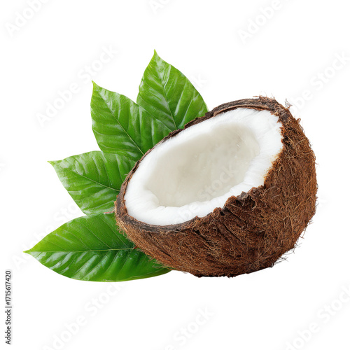 Fresh Coconut with Green Leaves Isolated on Transparent Background