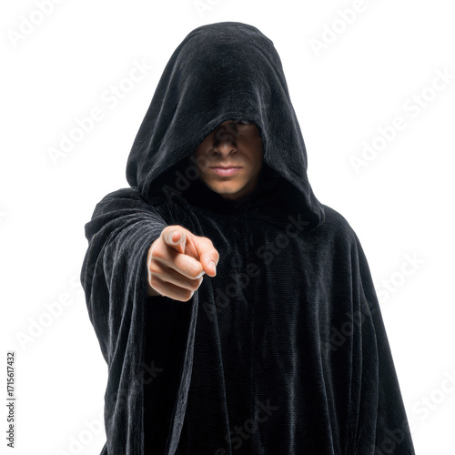 Mysterious Figure in Dark Cloak Pointing at Viewer with Intensity