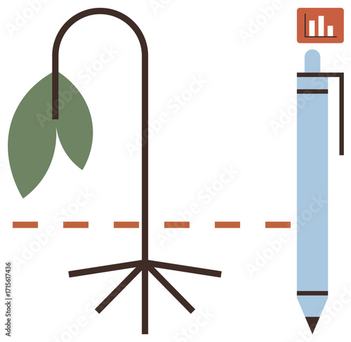 Wilted plant with roots split by a dashed line, pen, and chart icon. Ideal for sustainability, business, analytics, problem-solving, productivity growth decision-making. A simple flat metaphor