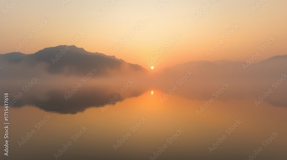 Naklejka premium Sunrise over serene lake: A serene vista unveils, as the sun gently ascends, casting a golden hue over the calm waters and distant misty mountains. Witness the enchanting interplay of light.