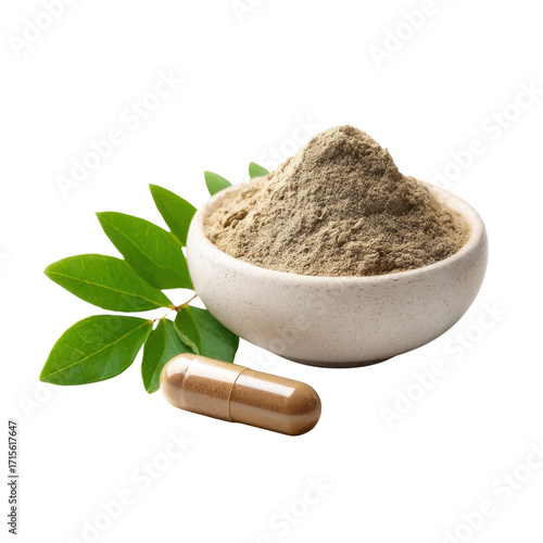 Natural Herbal Remedy Powder in White Bowl with Capsule and Leaves